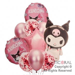 SET DE GLOBOS METALIZADOS KUROMI Y LATEX CON CONFETI x 10 UNIDADES